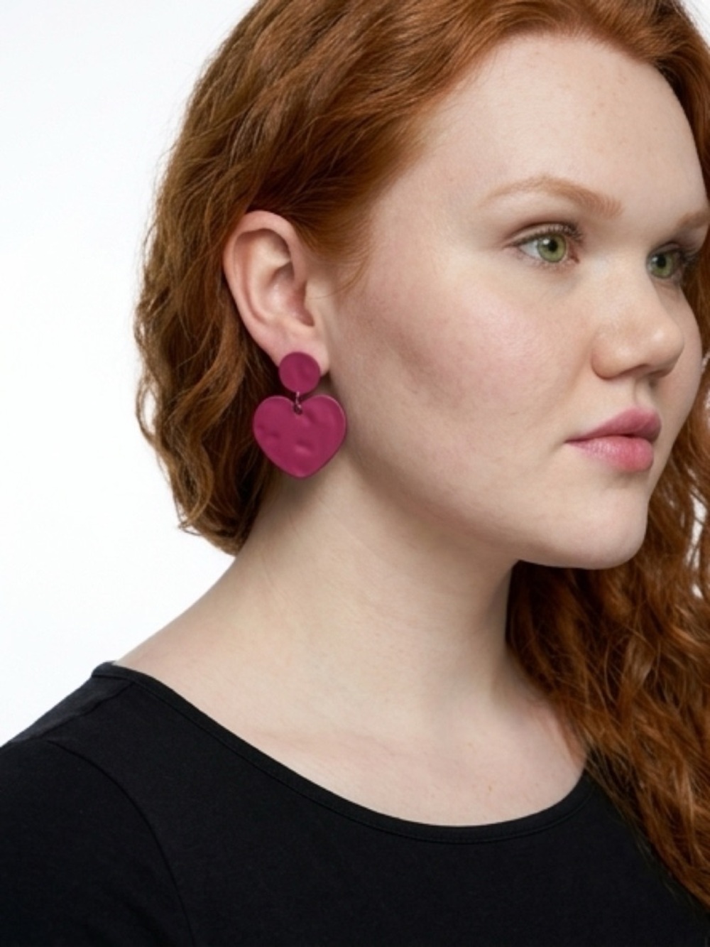 Enameled Heart Drop Statement Earrings in Deep Magenta